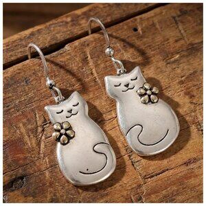 Sleepy Cat Earrings w/Flower Artesian Jewelry Whimsical  Fluffy Happy Kitties